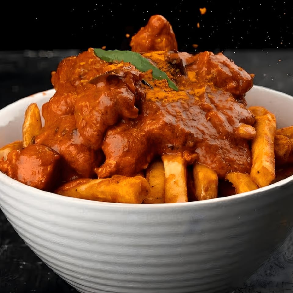 Kolachi Kitchen's Pakistani-style chicken karahi with thick-cut fries, garnished with a green leaf.